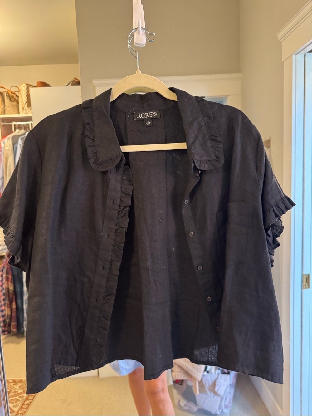 J. Crew Black Ruffle Trim Short-Sleeve Button-Down Shirt